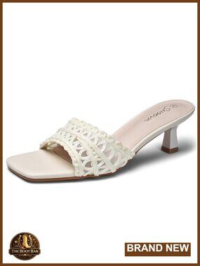 Women's White Lace Kitten Heels Square Toe Mesh Low Heel Slip On Sandals 2 Inch